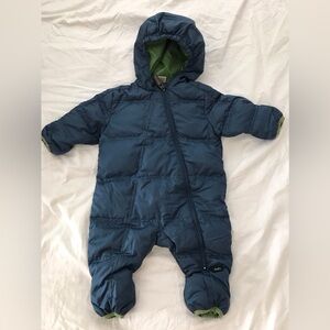 REI Baby Bunting Suit Goose Down Hooded Blue Mittens Booties Warm Size 6M